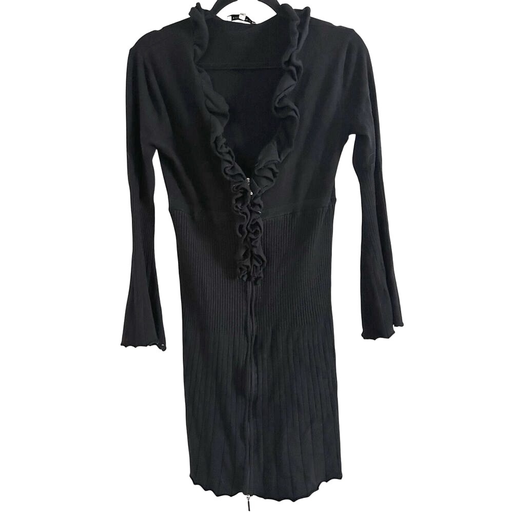 ANNE FONTAINE Black Ribbed Pleated Ruffle Cardigan Emmalee Mini Dress 42 (Sz 10)